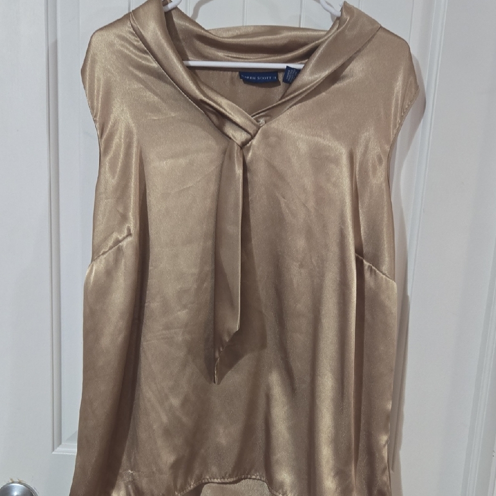 Karen Scott II Sleeveless Blouse 2X Champagne Gold Satin Draped Neck Career Top